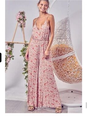 BiBi Pink Floral Wide-Leg Jumpsuit